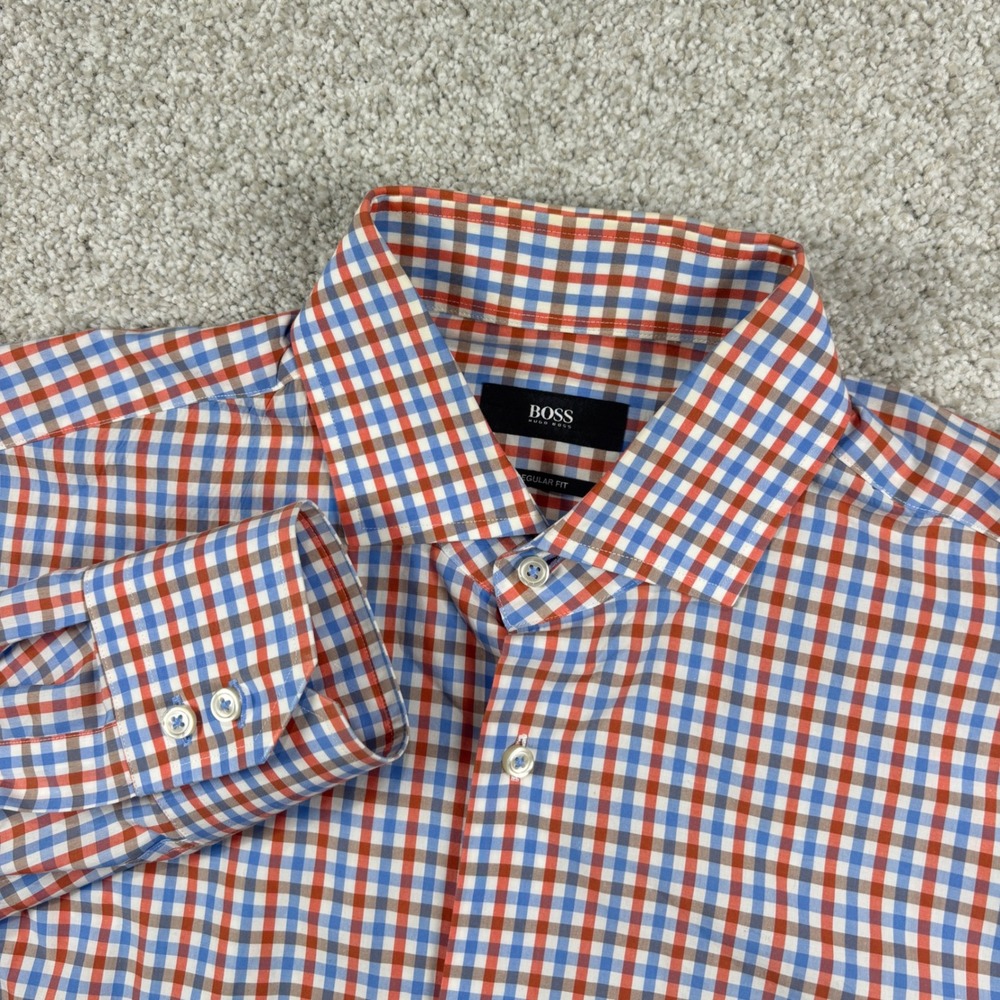 BOSS Hugo Boss Shirt Mens 15.5 Orange Blue Check Regular Fit Long Sleeve